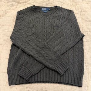 Vintage Unisex Ralph Lauren Gray/Grey Thick Cable Knit V-Neck Sweater